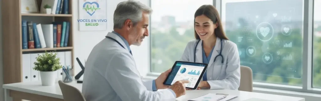 Profesionales médicos analizando datos de salud y tecnología en la sección de actualidad de Voces en Vivo Salud.